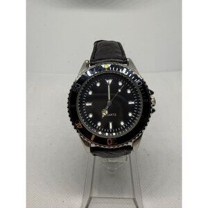 Mens Black Quartz Watch With Stainless Steel Case & Genuine Leather Band